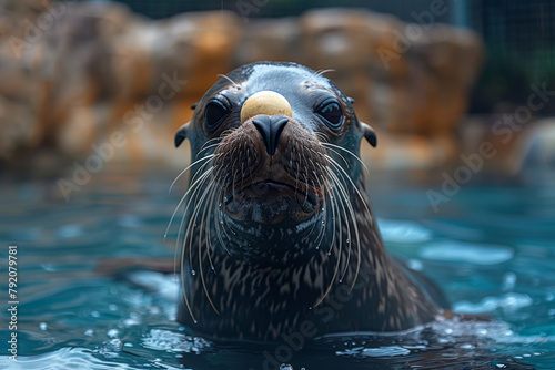 A sea lion balancing a ball on its nose during a marine mammal training session, showcasing its intelligence and agility. Concept of sea lion performance in aquatic entertainment. Generative Ai.