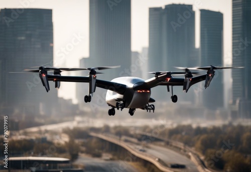 'electric evtol take land vertical aircraft landing city futuristic drone taxi flying transportation car innovation helicopter environmental conservation new copy space design modern'