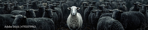 Lonely white sheep amidst a flock of black counterparts symbolizing uniqueness. A white sheep stands out in sharp contrast to a sea of black sheep, symbolizing difference and social non-conformity photo