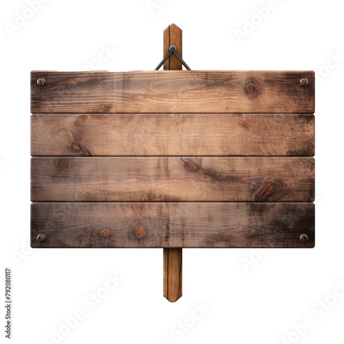 Hanging Wooden Sign Plank on White Background. Blank Vintage Wooden Signboard. Rustic Information Sign. Generative AI