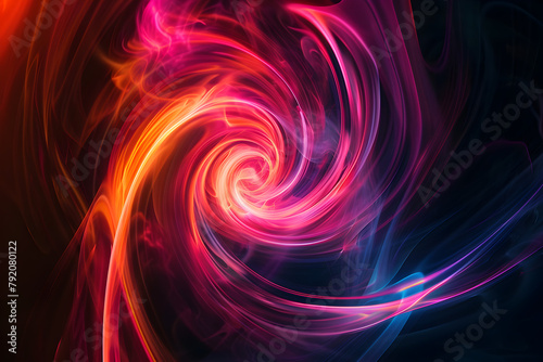Abstract neon galaxy with swirling patterns of pink and orange. Awe-inspiring neon art on black background.