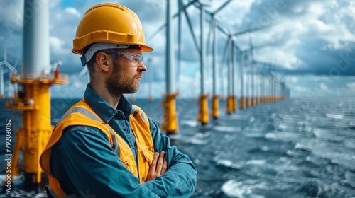 Workers on windmill in ocean environmental concept wind energy photo