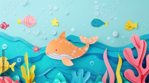 A vibrant papercraft depiction of a diverse underwater seascape with various fish, bubbles, and coral photo