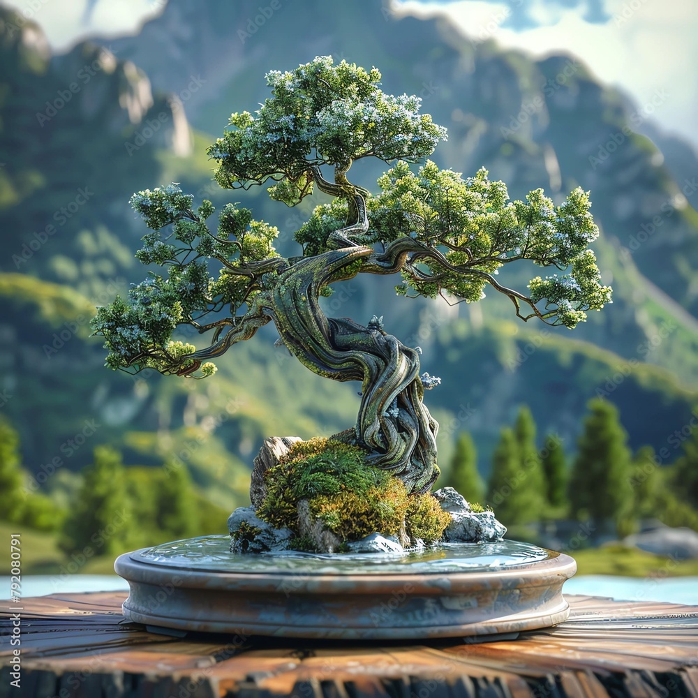 bonsai and fountain in the garden bonsai and fountain in the garden