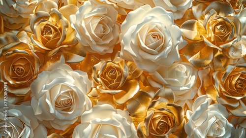A close-up view of a texture pattern made of white and golden roses representing luxury, elegance, and exclusivity Perfect for backgrounds or wallpapers