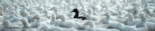 The lonely black duck amidst a sea of white counterparts - a metaphorical dusk. A sole black duck stands out in a crowd of white ducks, symbolizing societal alienation photo