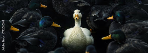 The lone white duck amidst a sea of dark feathers: a symbol of social alienation at dusk. A solitary white duck stands out amongst a crowd of dark-feathered ducks, highlighting alienation photo
