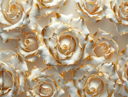 A luxurious pattern of white roses edged with shimmering gold, conveying richness and sophistication on a cream background