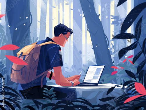 Illustration of a male biologist conducting field research in a forest, using a laptop amid lush greenery.