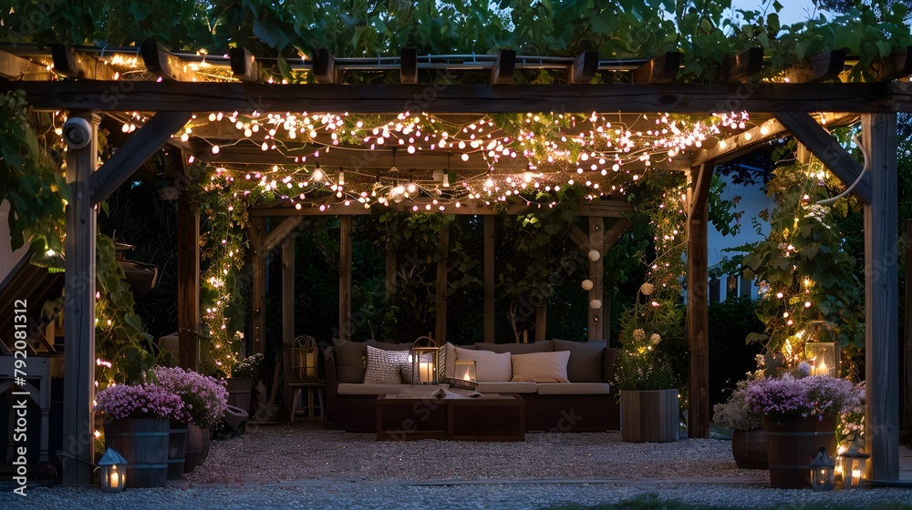 A picturesque pergola draped in flowering vines, with comfortable seating and twinkling string lights overhead.