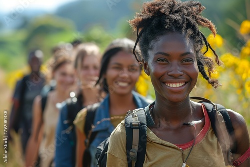 Witness a heartwarming scene of diverse missionaries from different ethnic backgrounds walking side by side with genuine smiles in the missionary field photo