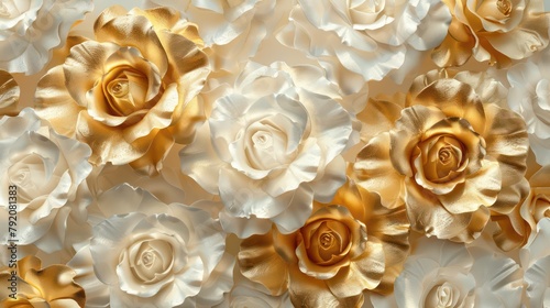 A seamless design of gold and white roses creating a luxurious and timeless floral pattern, perfect for upscale designs and decor