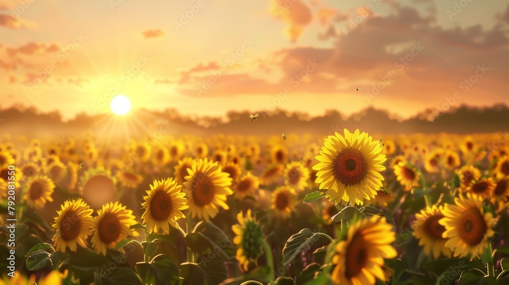 Fototapeta premium A field of sunflowers with a bright sun in the background