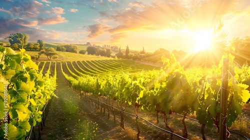 A picturesque view of a lush vineyard bathed in golden sunlight, representing the connection between Shavuot and the agricultural cycle.