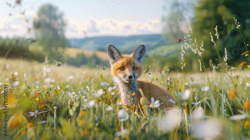 A small fox is sitting in a field of flowers