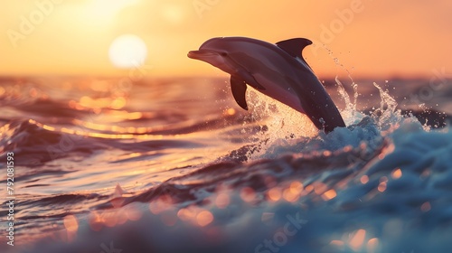 A playful dolphin logo leaping through the waves at sunset  symbolizing joy and freedom in the ocean.