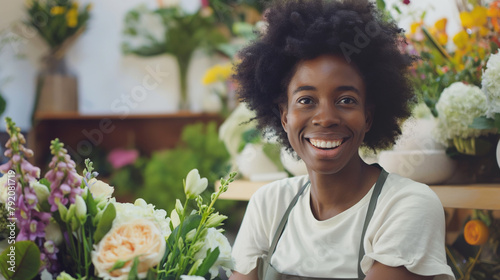 Mulher florista sorrindo em uma floricultura  photo