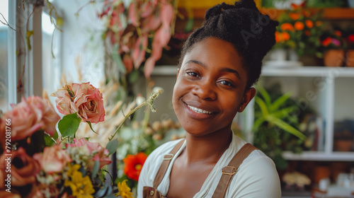 Mulher florista sorrindo em uma floricultura  photo