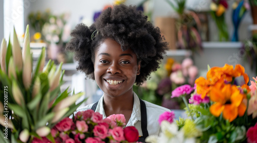 Mulher florista sorrindo em uma floricultura  © Vitor