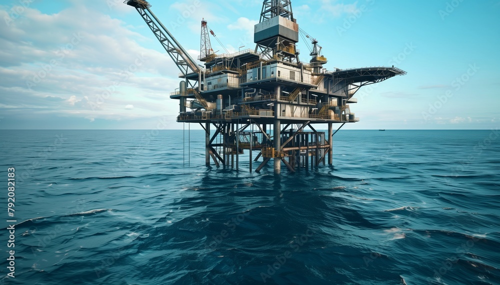 Floating in the cerulean embrace of the ocean, an oil rig's complex naval architecture is a beacon of human ambition and engineering excellence.