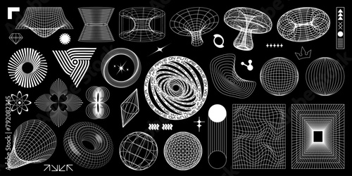 Abstract y2k geometric shapes and 3d wireframe models isolated on black background. Set of retro futuristic elements from 80s, 90s, 00s. Vector illustration in psychedelic techno style.