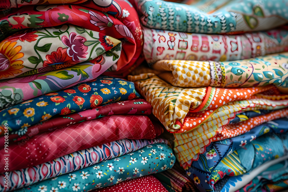 A Diverse Array of Colorful Quilting Fabric in Variety of Patterns and Textures Serenely Arranged on a Wooden Table