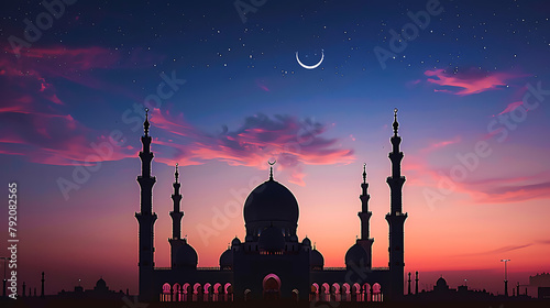 a majestic mosque silhouetted against a serene sunset or sunrise
