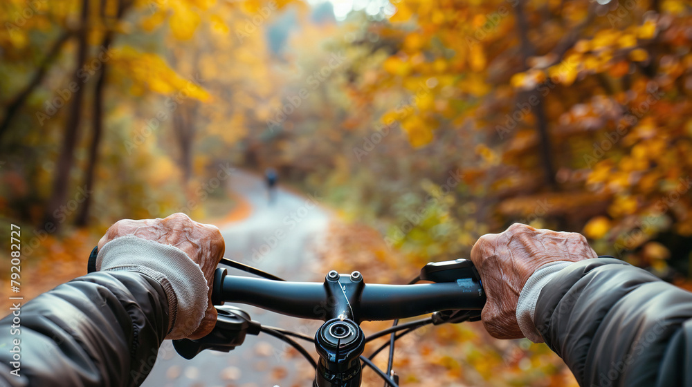 A senior male cyclist's hands gripping the handlebars as he rides along a scenic bike path