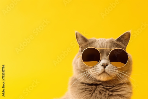 cat wearing sunglasses is enjoying the sunshine on clear yellow background photo