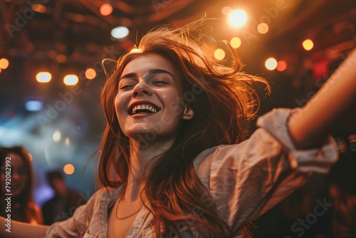 Happy smiling woman dancing and having fun in nightclub with friends at party