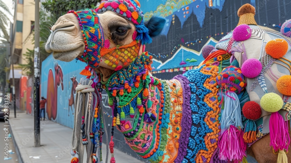 A vibrant camel's head adorned the bustling streets of Egypt.