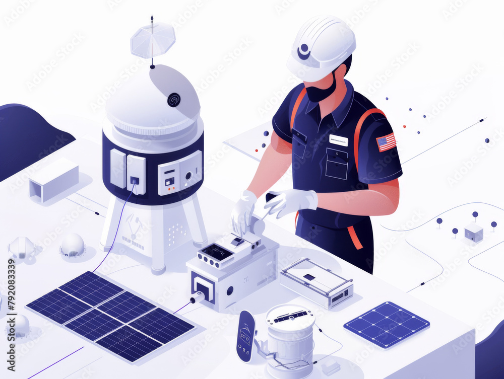 Naklejka premium Illustration of an engineer with climate monitoring equipment in a stylized setting.