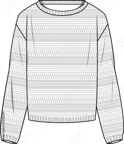 Women's Crochet Jumper. Technical fashion illustration. Front, white color. Women's CAD mock-up.