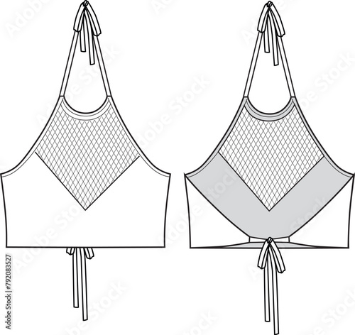Women's Crochet, Tie Detail, Halter Neck Knit Top- Technical fashion illustration. Front and back, white color. Women's CAD mock-up.