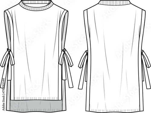 Women's Tie Detail, High Low Hem Sleeveless Vest Tunic. Technical fashion illustration. Front and back, white color. Women's CAD mock-up.