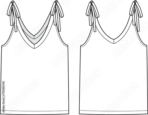 Women's V-Neck, Tie Detail Vest Top- Technical fashion illustration. Front and back, white color. Women's CAD mock-up.