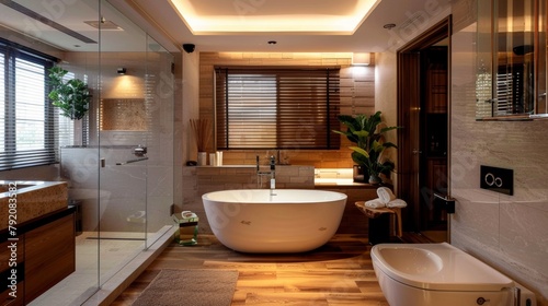 Modern bathroom with a bathtub and other amenities