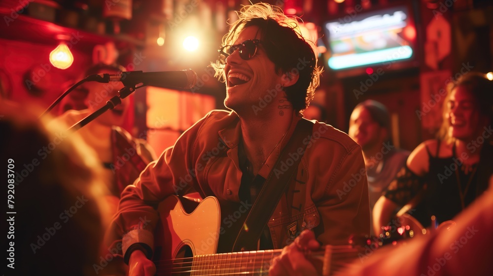 Obraz premium Man Singing Into Microphone While Holding Guitar