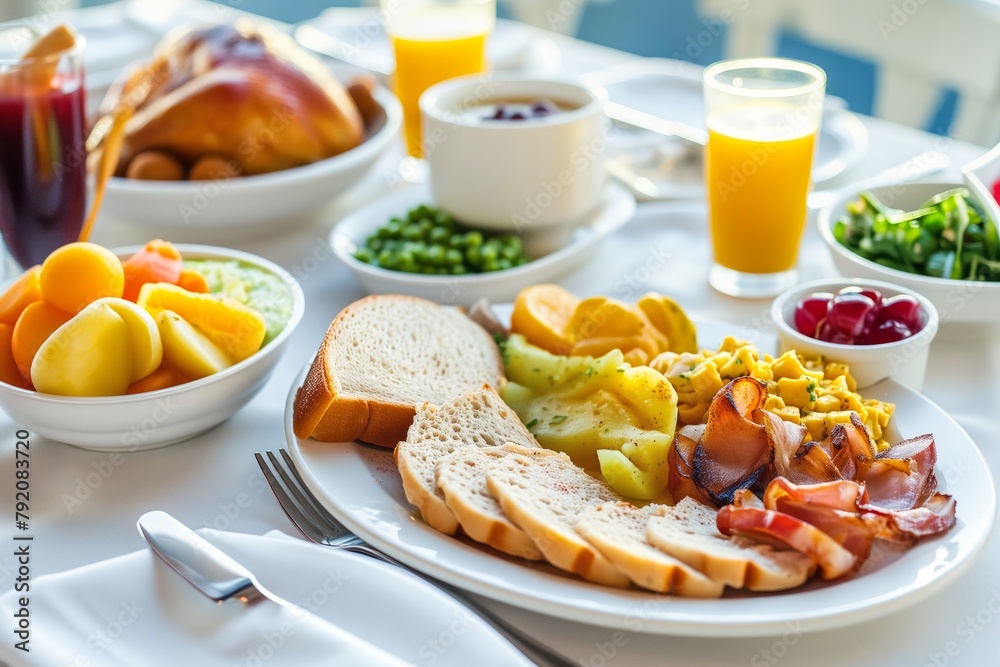 A table topped with plates of food and drinks A table topped with plates of food and drinks