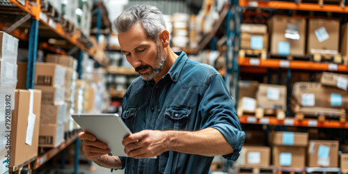 Inventory middle aged manager using tablet to scan a barcode on parcel, preparing a cardboard box for postage, working in warehouse