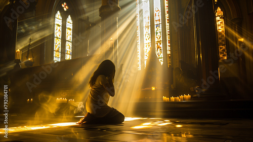 An atmospheric shot of a woman kneeling in prayer in the candlelit interior of a historic church, her hands clasped reverently as rays of sunlight filter through stained glass wind