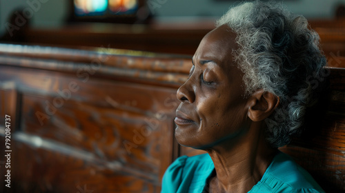 A candid capture of a woman with closed eyes, head bowed in prayer, seated in a wooden pew of a rural church, her posture conveying a deep sense of connection to the divine amidst photo