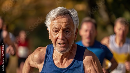 Senior male runner's determined expression as he sprints towards the finish line