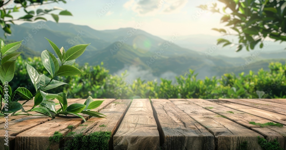 Obraz premium Wooden Table Overlooking Mountain Range
