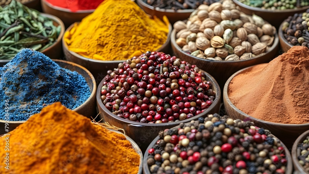 Market Stall Selling a Variety of Traditional Spices from Arab, Indian, Asian, and Moroccan Regions. Concept Market Stall, Spices, Arab, Indian, Asian, Moroccan Regions