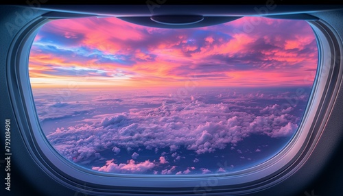 Majestic Sky Panorama: An Ultra High Definition View from an Airplane Window, Showcasing a Vibrant Tapestry of the Evening Sky.