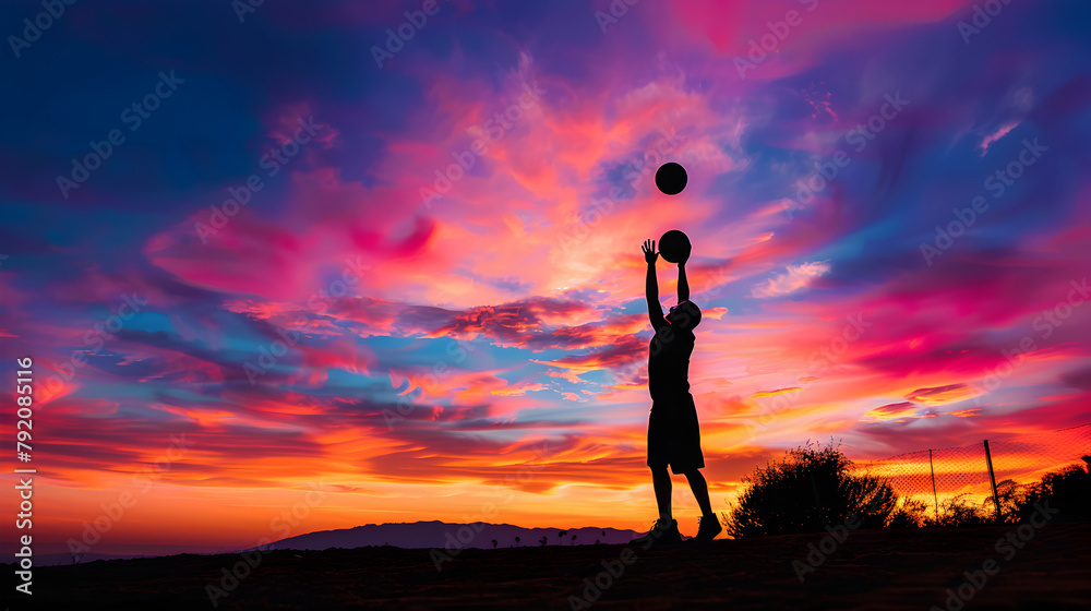 Dramatic silhouette of a basketball player shooting a three-pointer against a colorful sunset backdrop.


