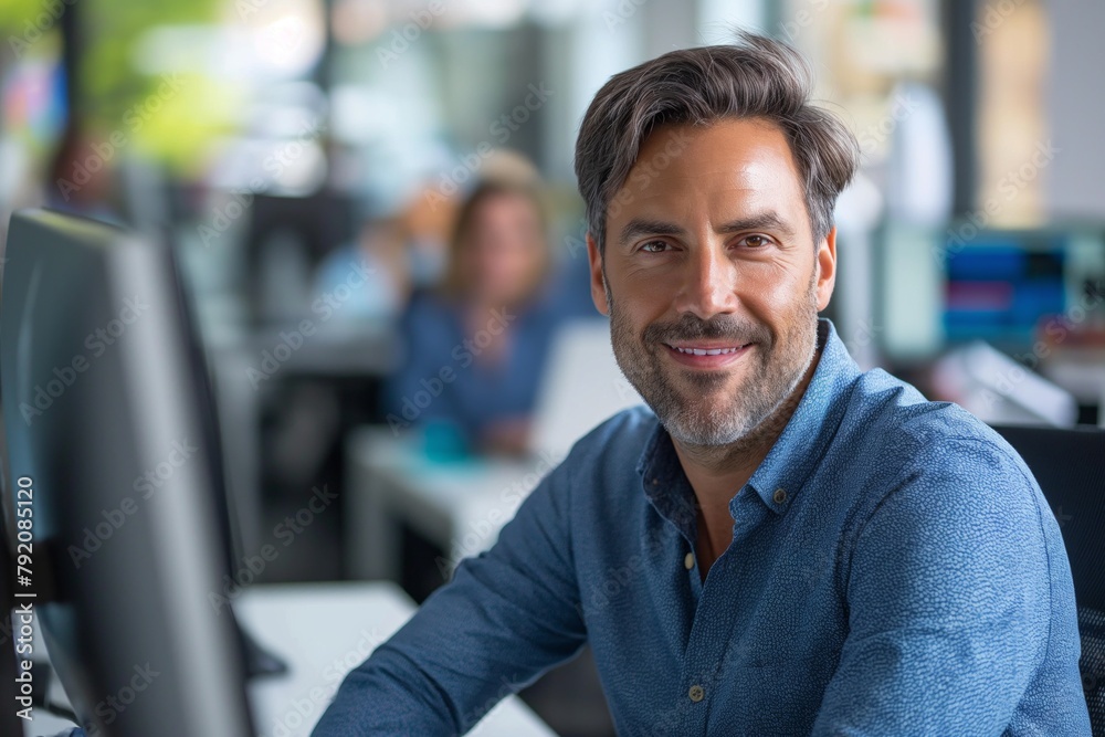 Focused man with a friendly demeanor working at his computer in a vibrant office