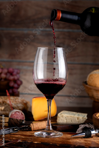 glass of red wine with cheese board country bread wooden board still life fresh grapes and bottle photo