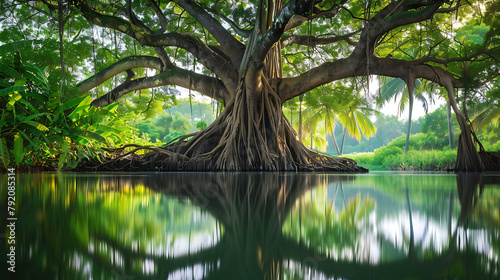 a magnificent banyan tree standing tall with its extensive roots submerged in tranquil water photo
